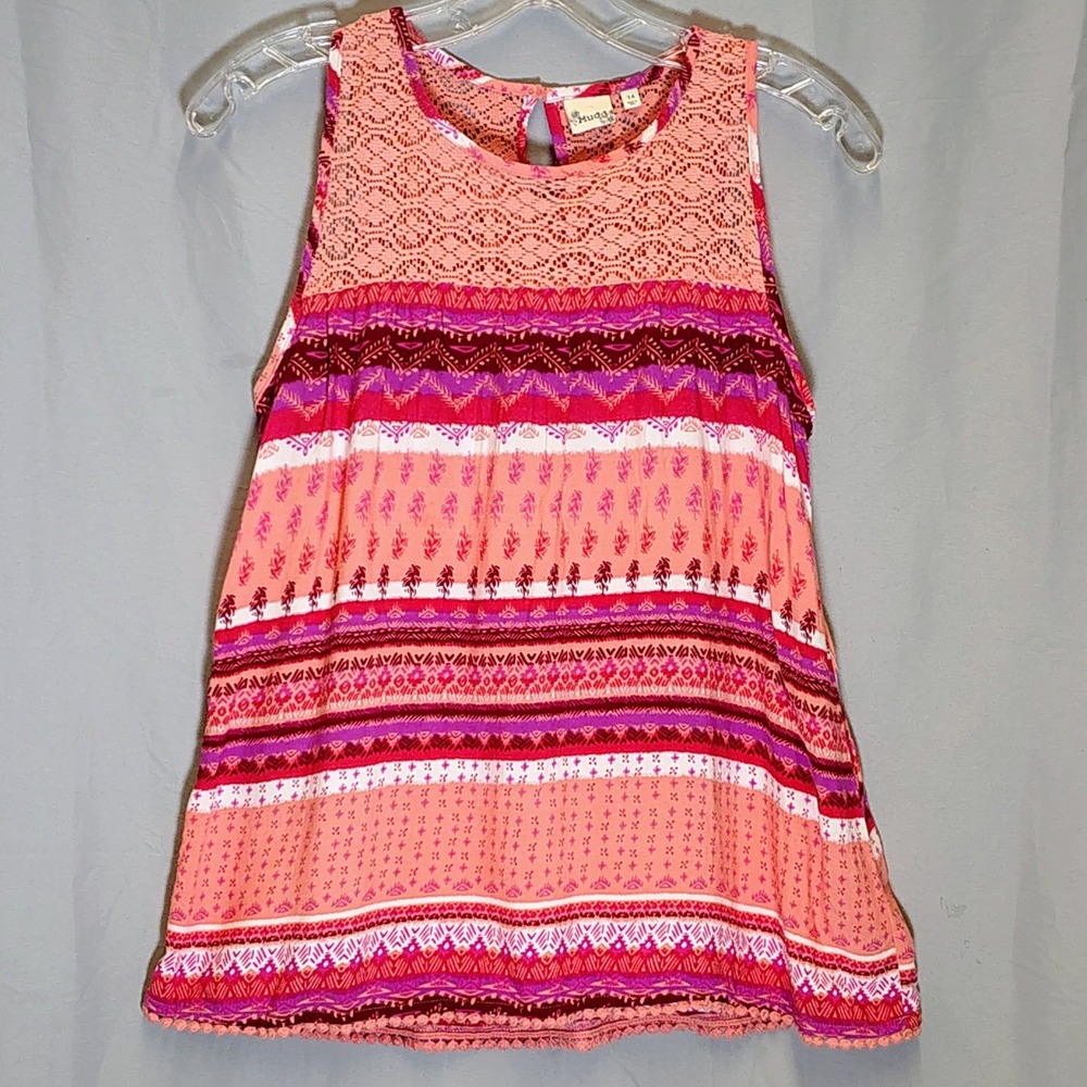 Mudd Girls Sleeveless Boho Lace Yoke Tank Top Size 14‎ Coral Pink Tribal Print